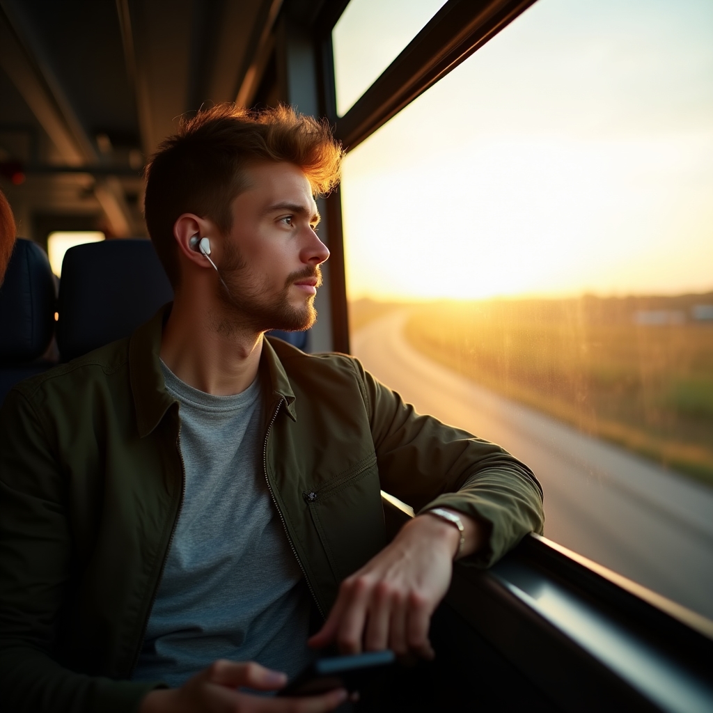 Dochádzajúci pri okne autobusu